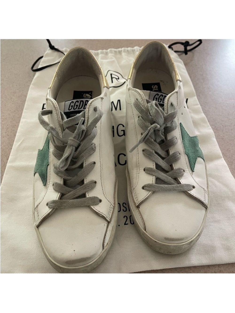 Golden Goose White Sneakers with Mint Green Star Gold excellent condition 39 box